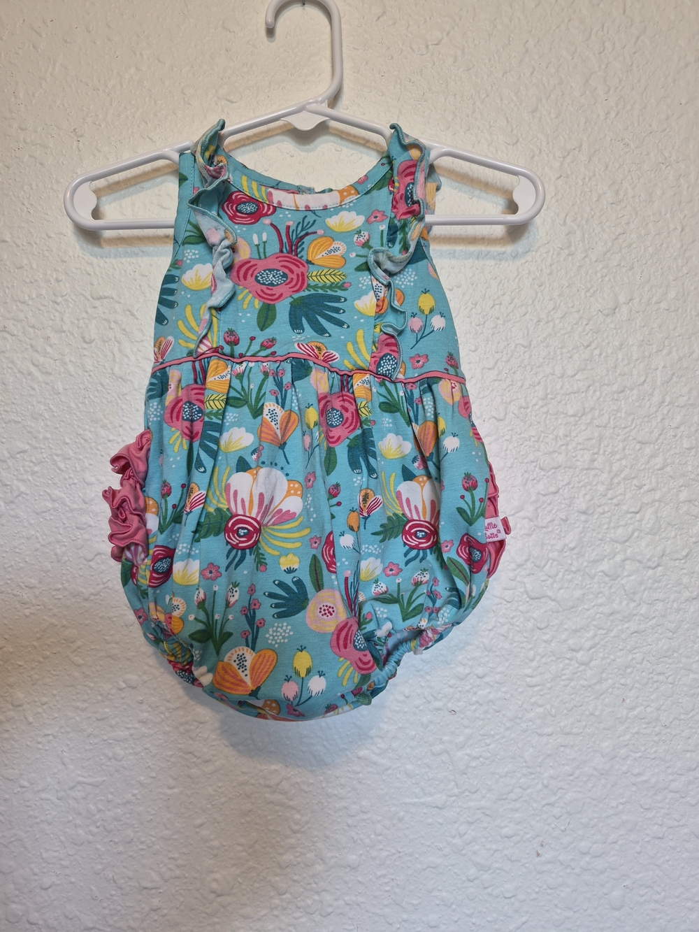 Ruffle Butts Baby Girl Aqua Floral Bubble Romper Pink Ruffle Bum Size 0-3M